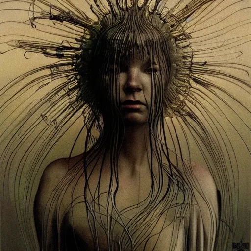 Image similar to bjork by zdzisław beksinski, iris van herpen, raymond swanland and alphonse mucha. highly detailed, hyper - real, beautiful