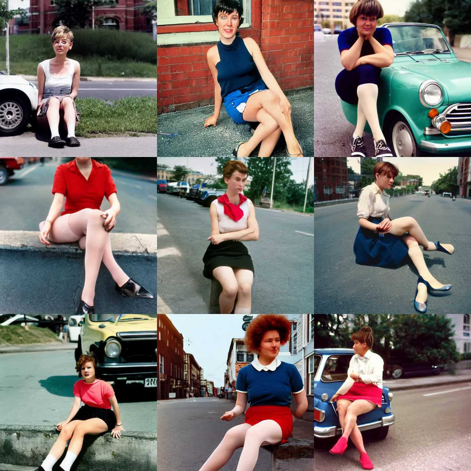 Prompt: A woman, sitting, mini-skirt, short hair, tights, building, car; on the street, summer; 90's professional color photograph, close up, view from front.