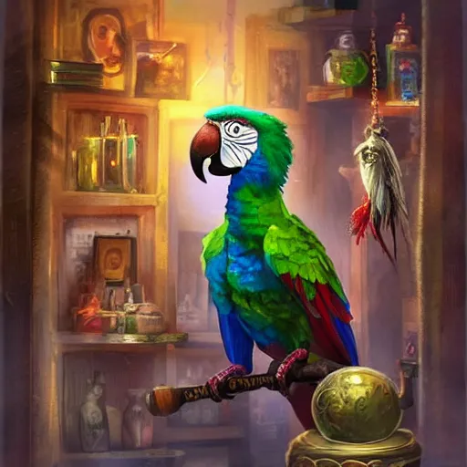 Image similar to Magic the gathering artwork of Anthropomorphized parrot trader in his shop, shelves full, selling a gem, portrait, items, magic potions, carpet, window, fancy funny hat, sly expression , cunning expression, cute expression, presenting magic gem, D&D, fantasy, cinematic lighting, highly detailed, digital painting, artstation, concept art, smooth, sharp focus, illustration, warm light, cozy warm tint, magic the gathering artwork, volumetric lighting, 8k, no gold, no gold colours, art by Akihiko Yoshida and Greg Rutkowski