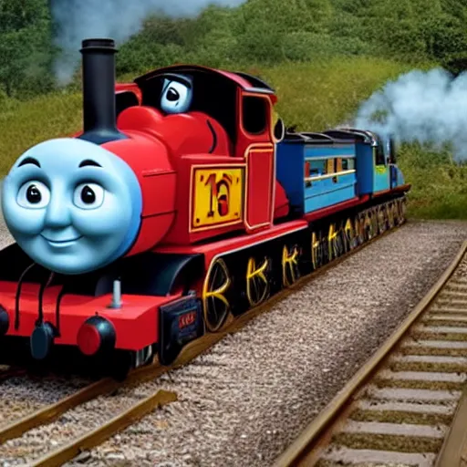 Prompt: a malevolent thomas the tank engine speeding towards a person tied to the tracks