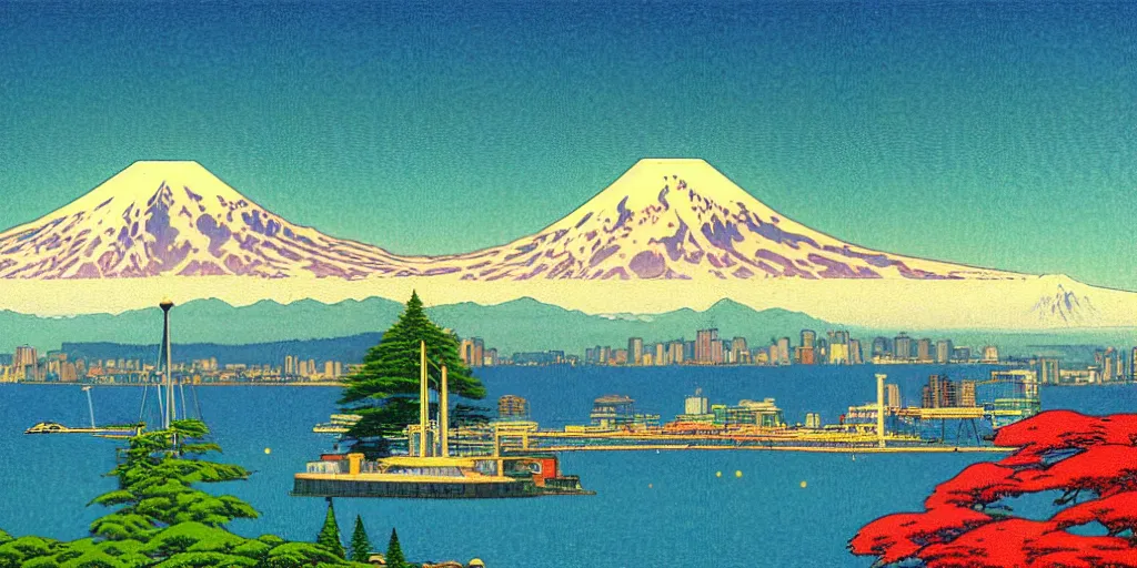 Image similar to seattle with mount rainier in the background, acid and dreaming psychedelic hallucinations, by kawase hasui, moebius and edward hopper, colorful flat surreal design, hd, 8 k, artstation