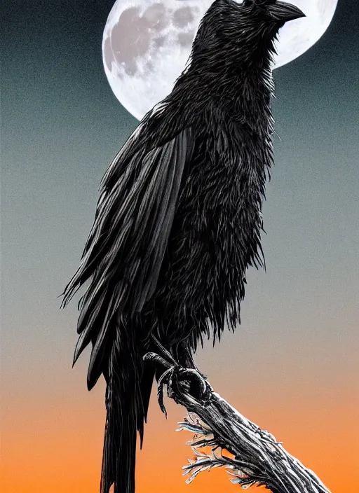 Image similar to portrait, A crow in front of the full big moon, book cover, red white and black colors, establishing shot, extremly high detail, foto realistic, cinematic lighting, pen and ink, intricate line drawings, by Yoshitaka Amano, Ruan Jia, Kentaro Miura, Artgerm, post processed, concept art, artstation, matte painting, style by eddie mendoza, raphael lacoste, alex ross