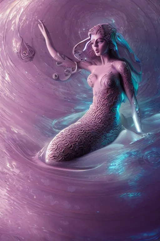 Image similar to a render of an ancient futuristic ethereal mermaid with digital modifications surrounded by a underwater ink pour and flowing liquid gallium and complex sacred geometry, powerful, cinematic, beautifully lit, perfect face, by beeple, by artgerm, by karol bak, by brian froud, 3 d, trending on cgsociety, octane render, zbrushcentral, 8 k