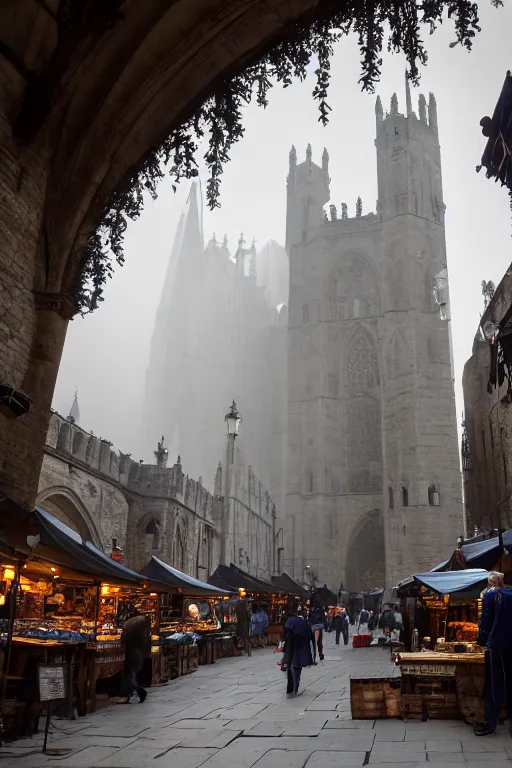 Prompt: a photo of a sprawling, medieval market in a huge city of large stonebuildings, tall towers and spires. Early morning, low hanging mist. Low camera angle. Wide lens.