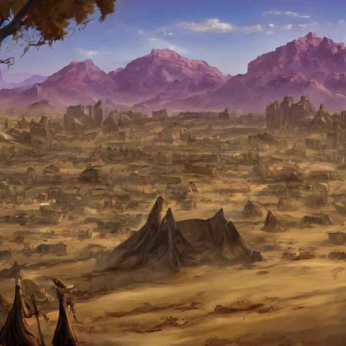 Image similar to large sprawling western town in the middle of a sandy flat desert with a single mountain on the very distant horizon. magic the gathering art, digital media