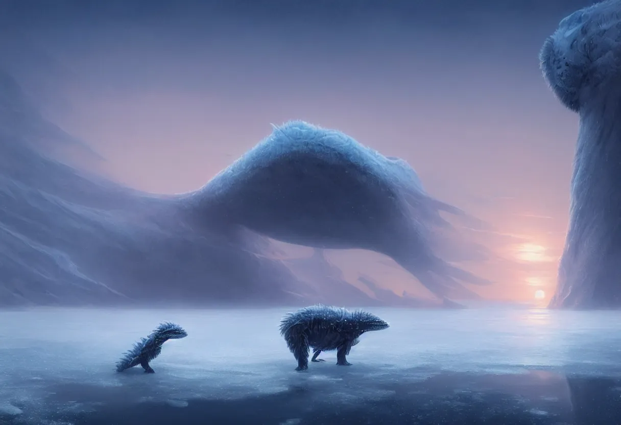 Image similar to strange sea animal emerging from surface of another frozen winter planet at sunset, ultra high definition, ultra detailed, symmetry, fog, matte painting, by greg rutkowski and ross tran and wlop