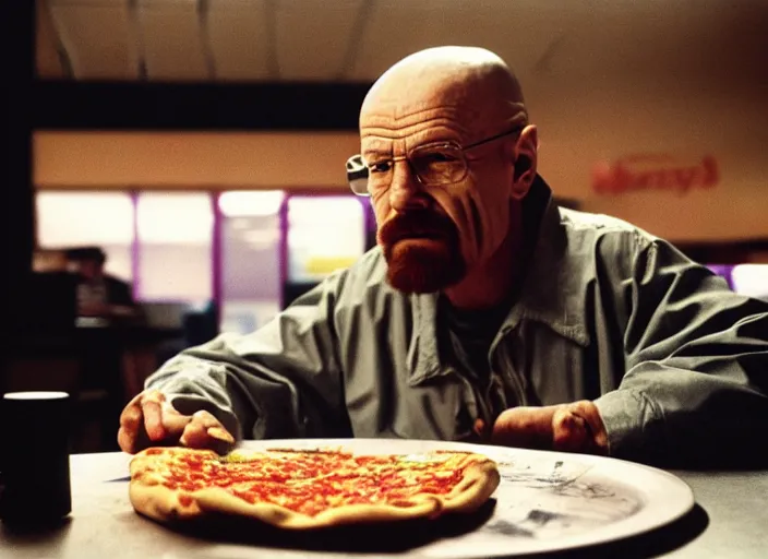 Image similar to portrait of walter white eating pizza at chuck - e - cheese with sloppy cheesy sauce getting slopped up all over the place, dramatic lighting, moody film still from breaking bad ( 2 0 1 1 ), 3 5 mm kodak color stock, 2 4 mm lens, directed by rian johnson, ecktochrome