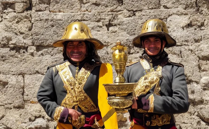 Image similar to smiling spanish conquer soldier holding golden cup on a inca temple