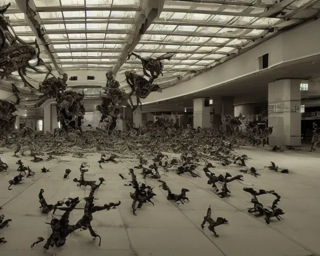 Image similar to camera footage of a Hundreds of Rabid Zerglings in an abandoned shopping mall, high exposure, dark, monochrome, camera, Unreal engine 5, grainy, CCTV, security camera footage, timestamp, zoomed in, fish-eye lens, Evil, Zerg, Brood, spider, horrifying, lunging at camera :4