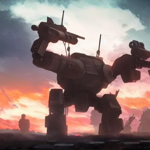 Image similar to a mech with guns on each arm preparing for combat, battlefield, dead trees, fire, smoke, dark clouds, slightly sunny, ominous, intense, epic, extremely detailed, cinematic lighting, studio ghibli, anime,