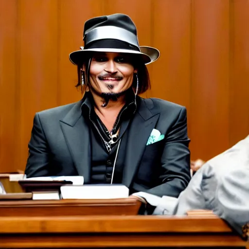 Image similar to Johnny Depp happy in courtroom , ultra Realistic 8k