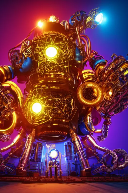 Prompt: portrait photo of a giant huge golden and blue metal futuristic steampunk robot covered with multicolored big gears and tubes, a huge steampunk drumset, eyes are glowing red lightbulbs, shiny crisp finish, 3 d render, 8 k, insaneley detailed, fluorescent colors, background is multicolored lasershow