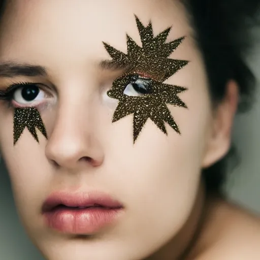 Image similar to portrait of a woman, star stickers on face, natural, light makeup, cinematic, cinematic, focus