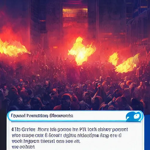 Image similar to protesters holding placards, detailed digital illustration by greg rutkowski, fire, android netrunner