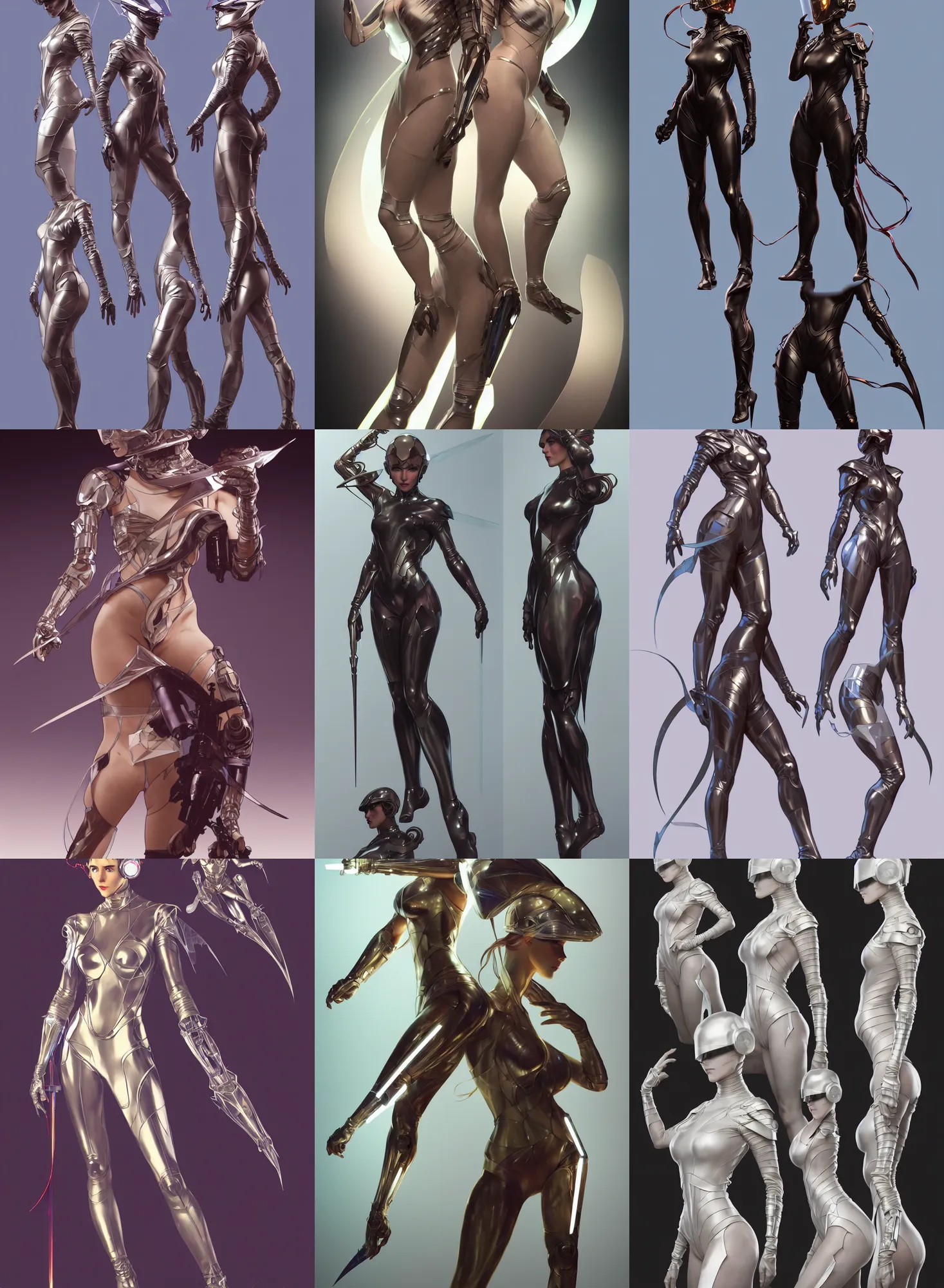 Prompt: a full body character design by artgerm, cushart krenz, greg rutkowski and alphonse mucha. sci - fi dagger. laser and translucent plastic tape project show attctive showgirl!! sci - fi helmet!! sharp edges. ultra clear detailed. contour light effect!! 8 k. ultra detailed, elegant, intricate, octane render.