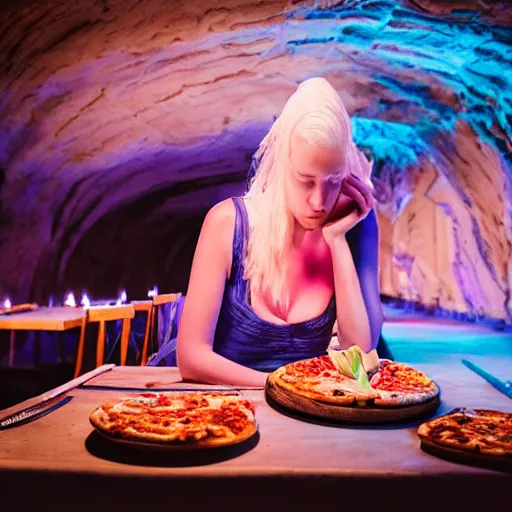 Image similar to cinematic photo of a beautiful albino praying mantis woman lit with saturated split colour blue and dusty pink lighting serving pizza in a grotto restaurant