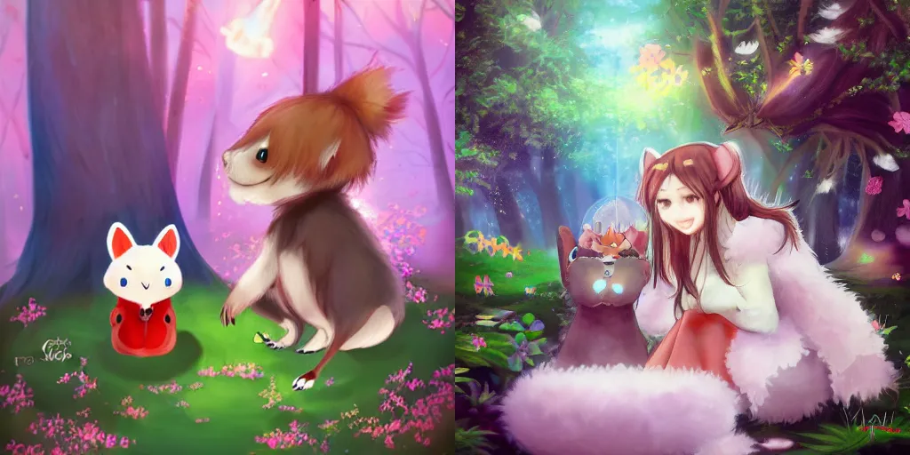 Prompt: kawai and cute fluffy creature in magical forest by Adamo