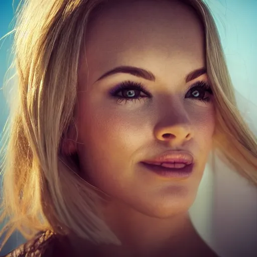 Image similar to a beautiful photo of a very beautiful blonde woman with her head slightly tilted backwards, a sunshine ray across her face, close - up, hyper detailed, high contrast, bokeh background, realistic, 3 5 mm, 4 k