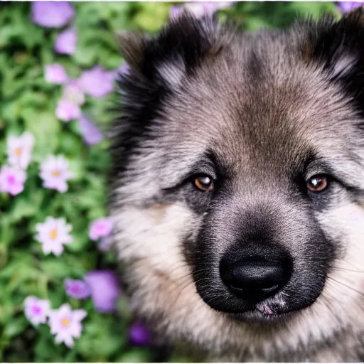 Image similar to a keeshond puppy smelling a flower, sigma 8 5 mm f / 1. 4