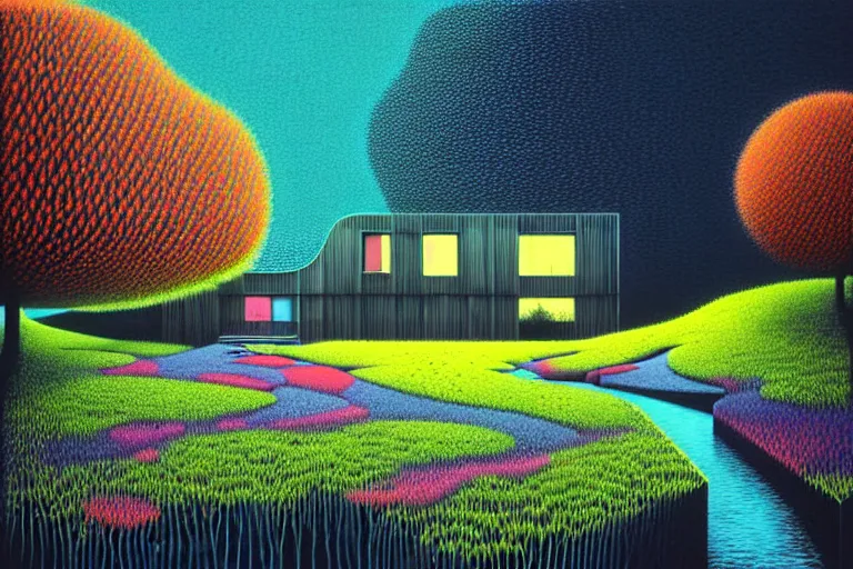 Image similar to surreal glimpse into other universe, house by kengo kuma, summer morning, very coherent and colorful high contrast, art by!!!! gediminas pranckevicius!!!!, geof darrow, floralpunk screen printing woodblock, dark shadows, hard lighting, stipple brush technique,