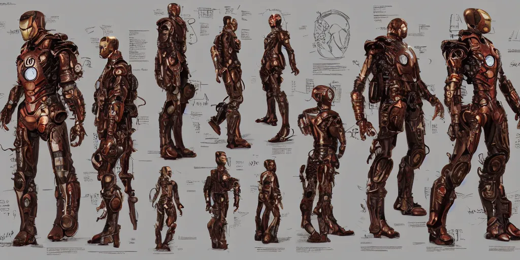 Image similar to steampunk iron man, character sheet, concept design, contrast, hot toys, kim jung gi, greg rutkowski, zabrocki, karlkka, jayison devadas, trending on artstation, 8 k, ultra wide angle, pincushion lens effect