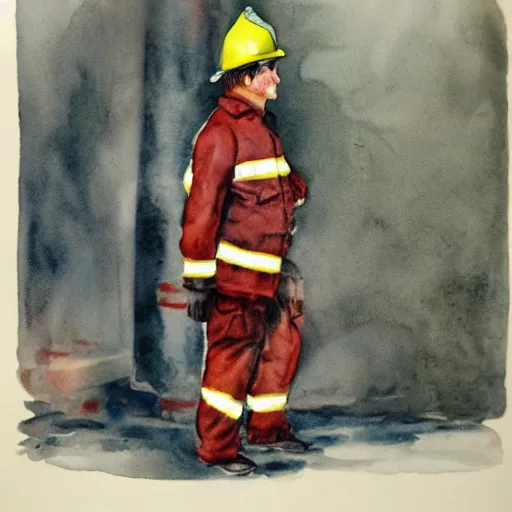 Image similar to Weary firefighter. Watercolor. 1930s