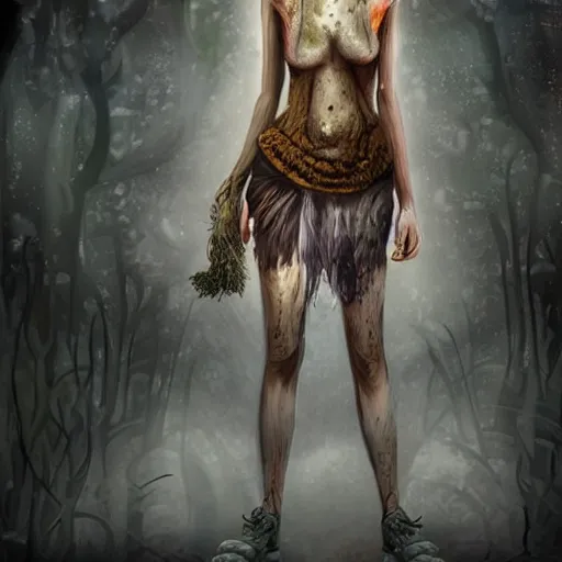 Image similar to detailed half body digital art for a game of a beautiful woman wearing ragged and ruined clothes merged with mushrooms. the background is dark. dramatic camera angle