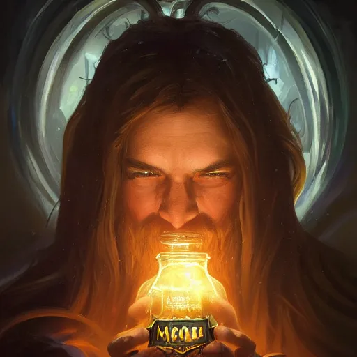 Prompt: man holding he's soul in a jar portrait, backlight, rim lighting, deep focus, d & d, fantasy, intricate, elegant, highly detailed, digital painting, artstation, concept art, matte, centered, sharp focus, illustration, hearthstone, art by artgerm, greg rutkowski and alphonse mucha