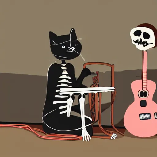 Image similar to skeleton wearing headphones watching girl playing guitar with her black cat standing next to her, digital art