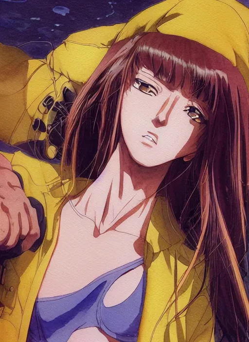 Prompt: Frontal portrait of a very beautiful muscular anime girl with tanned skin and cream colored hair wearing a yellow raincoat, watercolor, digital painting, art by Kenichi Sonoda ((Moebius)) Makoto Shinkai ((Shirow Masamune)) and Katsuhiro Otomo, very detailed, sharp focus, cyberpunk, high quality, color manga panel, hard shadows