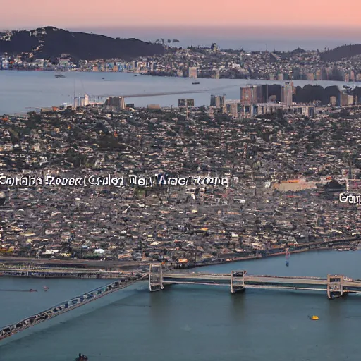 Image similar to color photo from drone over Mission Bay, San Francisco, in 2035, looking North at the golden hour, and the bay between San Francisco and Oakland is now filled in with a bustling favela, shanty houses of every different color, recycled materials, electric lines running everywhere, lights coming on in most of the houses, hyperdetailed, ap photo