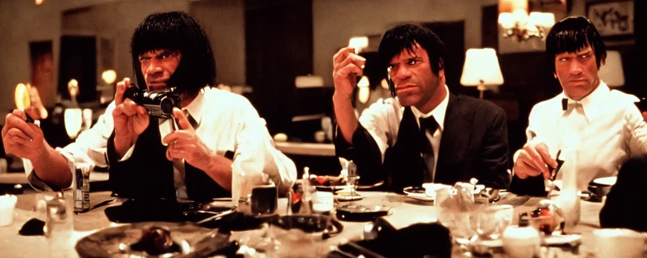 Image similar to behind the scenes photograph of pulp fiction dinner scene. 35mm film footage, movie frame. screnshot. Cinmatography. Hollywood. Real image. Cinematic lighting.