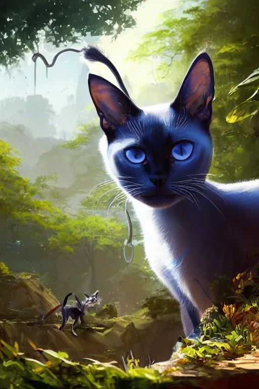 Prompt: highly detailed painting of a siamese cat with bright blue eyes, cinematic lighting, dramatic atmosphere, by Dustin Nguyen, Akihiko Yoshida, Greg Tocchini, Greg Rutkowski, Cliff Chiang, 4k resolution, luminous verdant jungle background