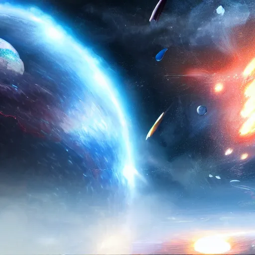 Prompt: large space battle of earth like planet. Hyper realistic render. Trending on art station.