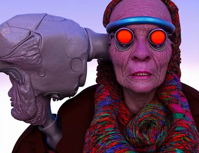 Image similar to cinematic bust portrait of psychedelic ugly robo - cyborg granny, a scarf tied on the head, by jean giraud, trending artstaition, unreal engine