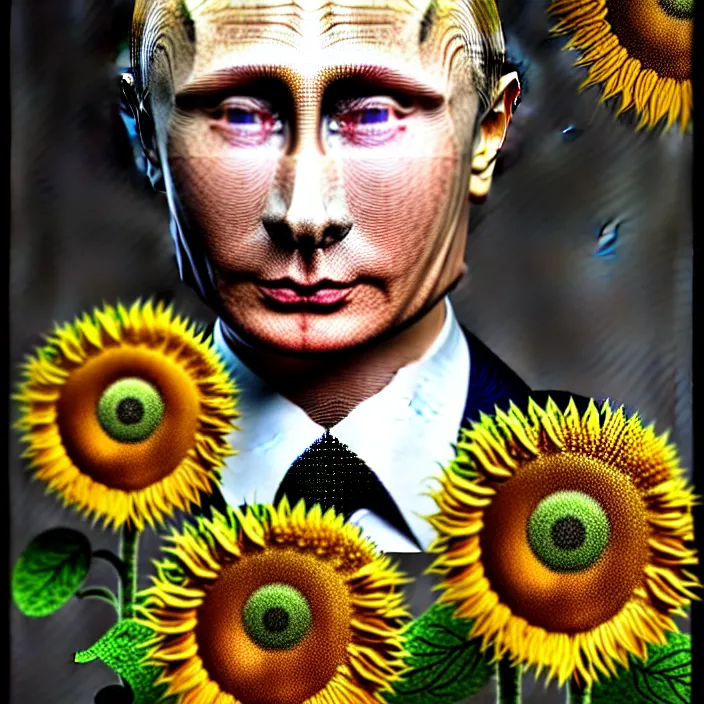 Image similar to photo portrait of Vladimir Putin - sunflowers - dressed in leisure suit with ornamental ethereal sunflower pattern, natural skin tone, highly detailed realistic flowers ornament in the upper side of breast, hair, eyebrows and wrinkles are intricate with highly detailed realistic flowers, elegant, Realistic, Refined, Highly Detailed, natural soft pastel lighting colors scheme, fine art photography by Cecil Beaton, volumetric lighting, hyper realistic photography