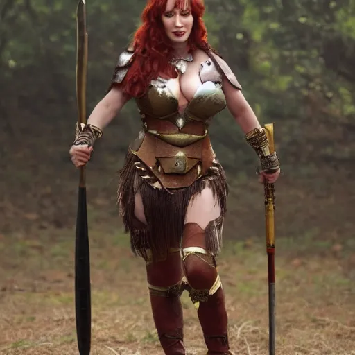 Image similar to full body photo of christina hendricks as an amazon warrior with weapons