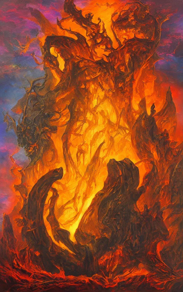 Image similar to moloch of the amber mythos fallen celestial spirit, award winning oil painting, sharp color palette