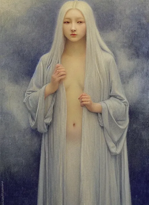 Image similar to thin young beautiful girl with silver hair, pale!, wearing white robes!, wearing hair, golden goddess, young cute wan korean face, silver hair!!, oil on canvas, style of jean delville, 4 k resolution, aesthetic!,