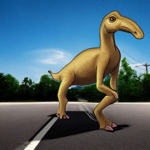 Prompt: realistic phitograph of parasaurolophus in the middle of a bussy street