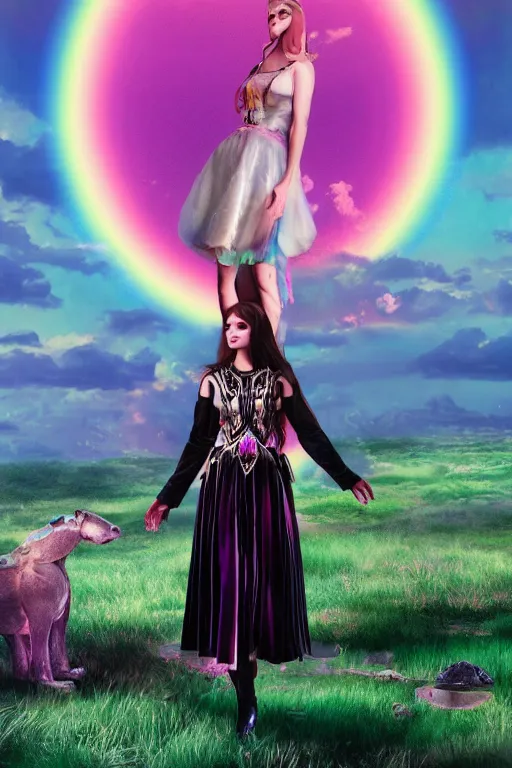 Prompt: Ethereal safari landscape with a pink rainbow sky under a goddess moonstone, black leather and embroidered Lolita dress in velvet, rich color, dramatic cinematic lighting, featured on Artstation, extremely detailed by Lisa Frank