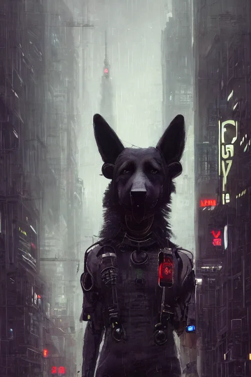 Image similar to new york city portrait of furry anthro anthropomorphic german shepard head animal person fursona wearing clothes strange cybernetic augmentations cyber muzzle robot body gloomy rainy cyberpunk digital art by Greg Rutkowski, Simon Stalenhag, trending on Artstation, CGSociety