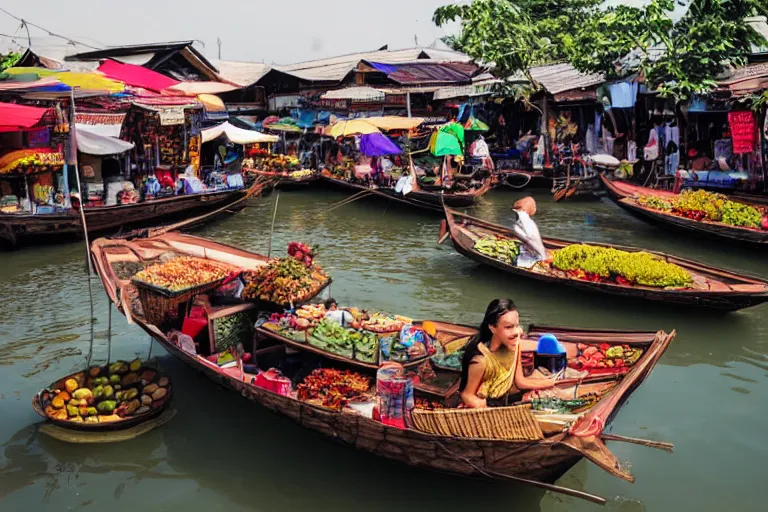 Image similar to At the buzzing floating market in Thailand, Artgerm