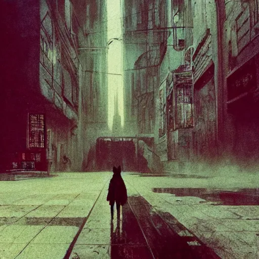 Prompt: movie shot from blade runner, cyberpunk, journey across the urban district | neverland and the gateway between dreams by beksinski, ultra hd rendered