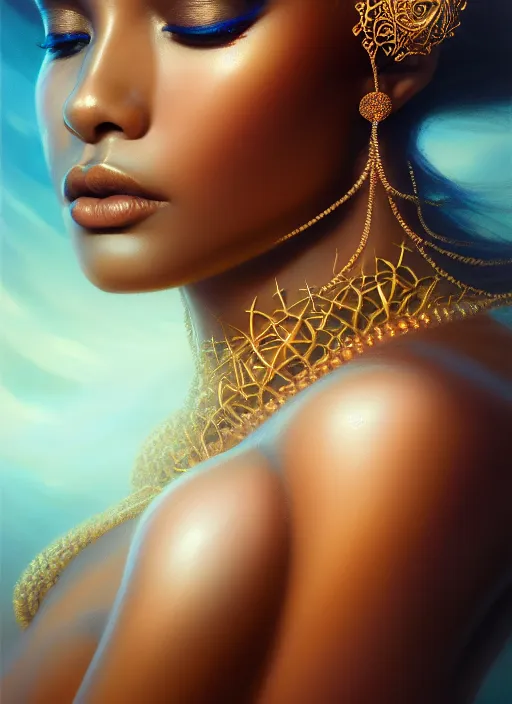 Prompt: portrait of sea queen, fantasy, rule of thirds, intricate, regal, brown skin, octane render, detailed, beautiful, unreal engine, lumen, symmetrical!!, loreal, maybelline, sephora, loreal, artstation, art by karol bak, art by artgerm, cinematic, concept art, filmic, vsco