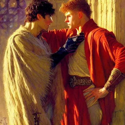 Image similar to attractive, arthur pendragon in love with attractive male, merlin the mage. highly detailed painting by gaston bussiere, craig mullins, j. c. leyendecker