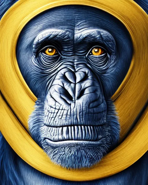 Image similar to gold, blue, very detailed high resolution illustration portrait of a chimpanzee glaring, mystical, 3 d, 8 k, extremely detailed, artstation