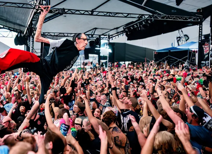 Prompt: photo still of richard belzer on stage at vans warped tour!!!!!!!! at age 3 3 years old 3 3 years of age!!!!!!!! stage diving into the crowd, 8 k, 8 5 mm f 1. 8, studio lighting, rim light, right side key light