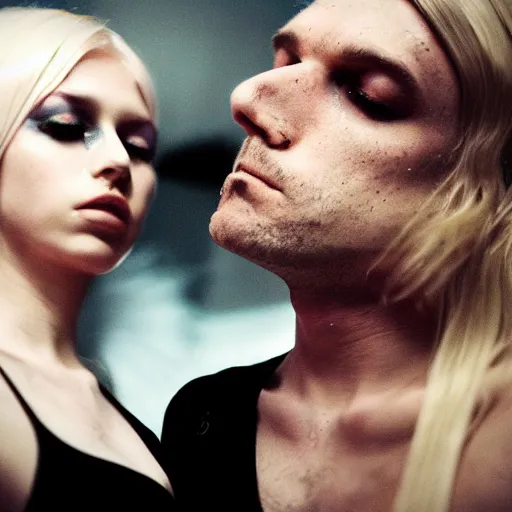 Image similar to a dreamy out of focus fashion photo of a man and a woman performing darkwave music, clothes by rick owens, faces completely covered, short blond hair