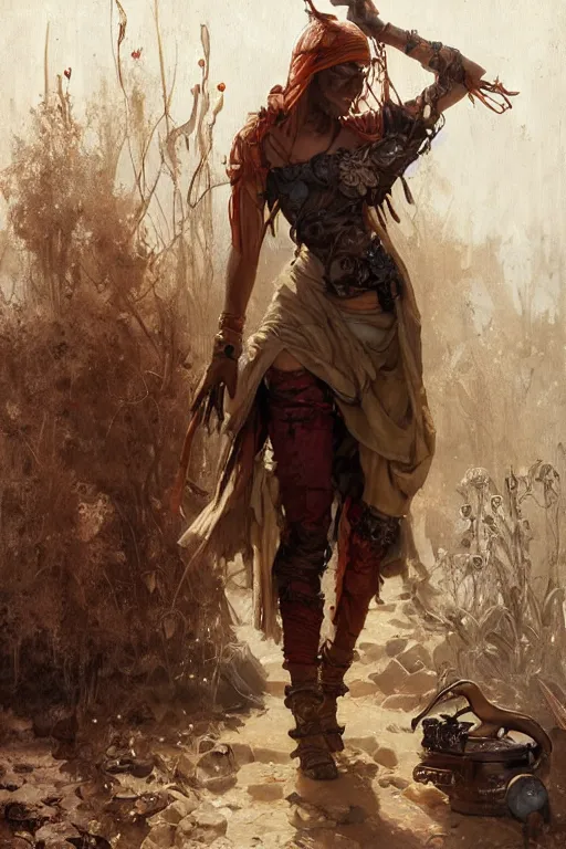 Prompt: a full body portrait of a beautiful post apocalyptic offworld quarter bedouin blind pulp fiction scarlet wild rogue barbarian leper begging by the roadside, intricate, elegant, highly detailed, digital painting, artstation, concept art, smooth, sharp focus, illustration, art by krenz cushart and artem demura and alphonse mucha